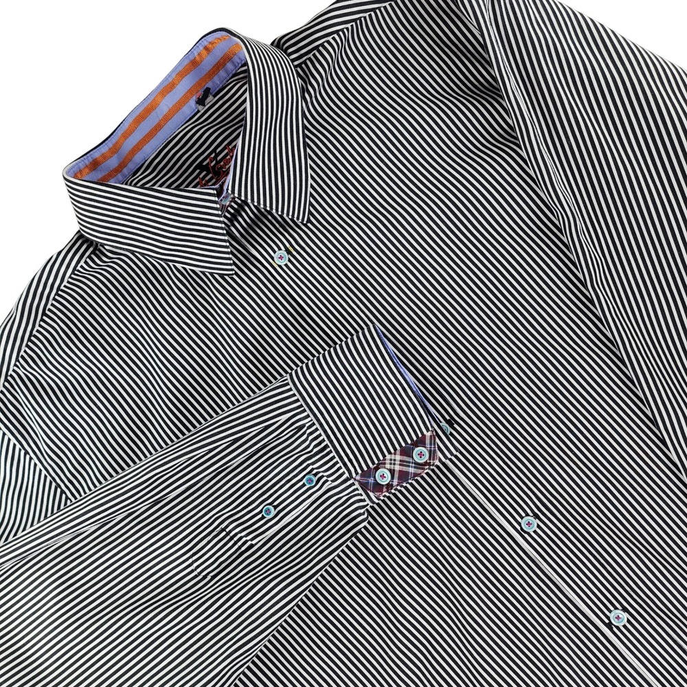 Robert Graham X Shirt Mens 3XL Black White Stripe Cotton Button Up Contrast Trim